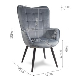 Fotel uszak skandynawski welur retro na metalowych czarnych nogach